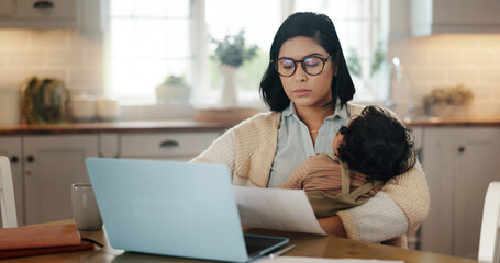Woman, document and laptop with baby at house for multitasking, budget and bank loan. Busy person, tired child and online with finance paperwork, bills payment and account invoice for mortgage report
