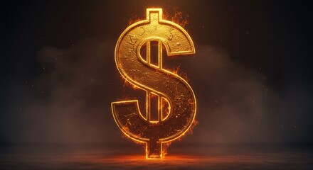 A golden dollar sign surrounded by flames against a dark and smoky background in a dramatic setting