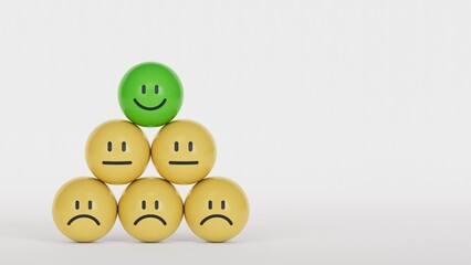 smile and sad face symbol on yellow BALL blocks. Emotion, Service rating, ranking, customer review, satisfaction and feedback concept.3D rendering on white background.