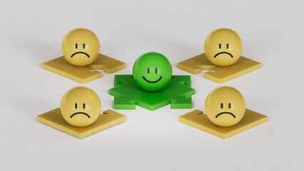 Green leadership.yellow BALL with smile, normal and sad face. Facial expressions. Mental health assessment.3D rendering on white background.