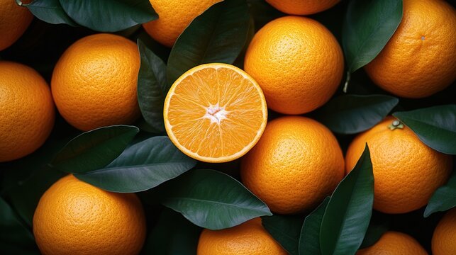 A vibrant display of fresh oranges with green leaves, featuring a halved orange revealing its juicy interior.