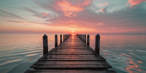 Obraz premium A wooden pier extends toward the sunset reflecting in calm water