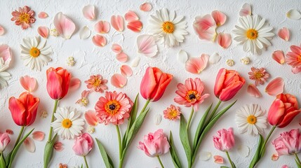 Colorful flowers and petals on a textured surface