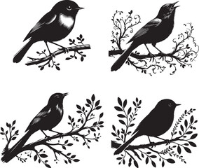 Bird on Branch Silhouette | Black and White Nature Illustration