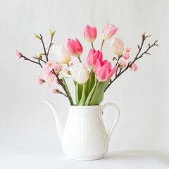 Fresh tulips and branches in a teapot, beautiful spring still life