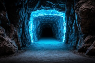 Naklejka premium A narrow dungeon tunnel, dimly lit by a glowing blue crystal, hinting at an ancient magical presence