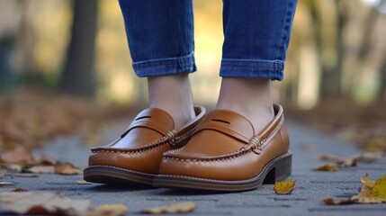 Woman wearing brown loafers standing on a path with fallen autumn leaves.