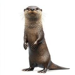 Fototapeta premium Standing Otter with Sleek Brown Fur and Lighter Facial Markings Captured on a White Background