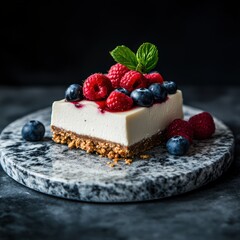 Delightful cheesecake dessert topped with fresh raspberries and blueberries on a marble serving plate