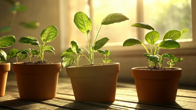 Sunlight illuminating young plants in terracotta pots on a wooden table near a window during a warm afternoon