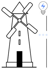 Windmill with classic design and blades, accompanied by a light bulb emitting electric spark. Ideal for sustainable energy, innovation, eco-solutions, power generation, technology, environmental
