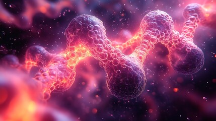 A double helix with a bumpy surface appears in a blurry field.