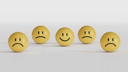 Smile face print screen on yellow BALL block among sadness face for customer service evaluation and emotion mindset concept.3D rendering on white background.