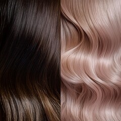 Fototapeta premium Comparison of smooth dark brown and wavy light blonde hair showcasing different textures and styles in a beauty context