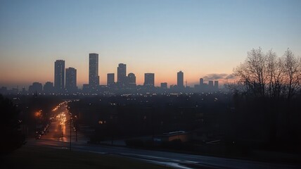 Fototapeta premium City Skyline at Dawn: Hazy Atmosphere and Soft Lighting