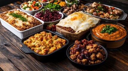 Rustic wooden table filled with hearty home-style dishes including casseroles stews and varied side dishes presenting a delightful food spread