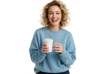 Woman holding disposable cup in front White background