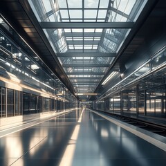Obraz premium Modern train station interior with glass ceilings and sleek design during daylight hours