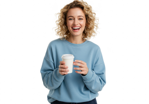 Woman holding disposable cup in front White background