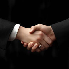 A close up of two people shaking hands in front of a dark background showing business deal and partnership