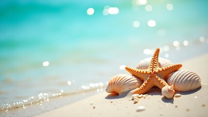 Starfish Shells on Sunny Beach Bright Aqua Sea