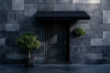 A simple geometric awning in monochrome tones casting a soft shadow on a modern building