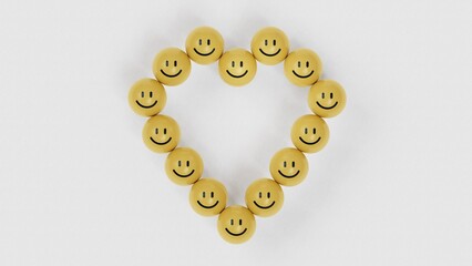 yellow blocks with happy smiling face icon arranged in heart shape on dark yellow background, top view. Love and coexistence concept.3D rendering on white background.