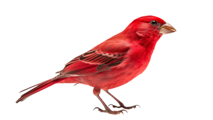 bright red bird standing on white background, pointed beak and vivid plumage, likely cardinal or finch png on transparent background