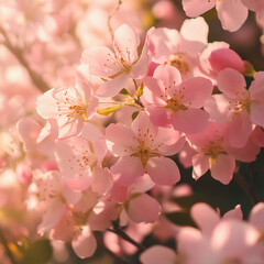 A close up shot of a cluster of light pink cherry blossoms with a soft and dreamy aesthetic touch
