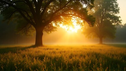 Fototapeta premium Golden sunrise misty field majestic trees peaceful