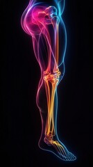 Artistic depiction of human leg anatomy in vibrant neon colors on a black background.