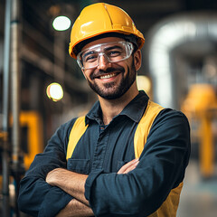 Smiling worker with hard hat and safety glasses in industrial setting arms crossed looking at camera