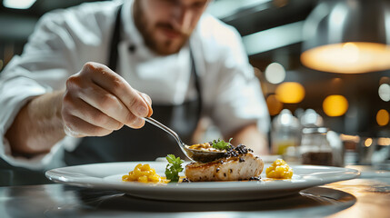 Chef Carefully Plating a Gourmet Dish with Precision in a Modern Culinary Setting