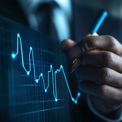 Close up of a hand holding a pen pointing at a blue line graph on a screen in a dark setting