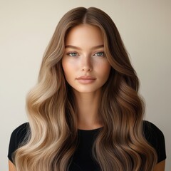 Fototapeta premium Model showcases beautiful long wavy hair with natural highlights against a neutral background during a studio session