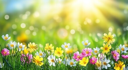 Soft-Focused Spring Landscape with Lush Flowers, Trees, and Clear Blue Sky.
