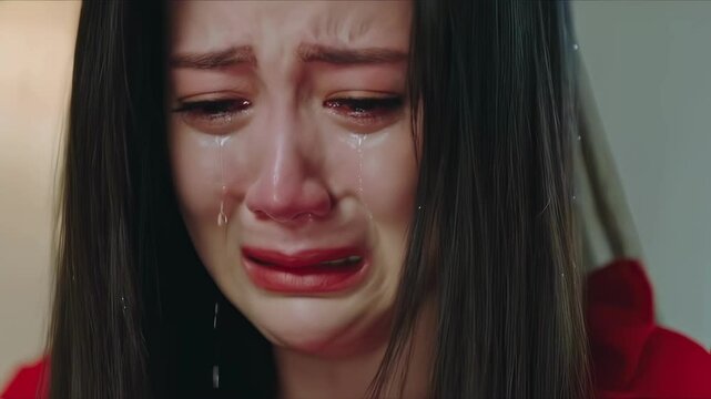 Emotional moment of a young woman crying in a heartfelt scene at home late at night