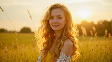 Portrait of a young woman standing in a field of tall grass. She is wearing a white dress with a floral pattern and has long blonde hair that is styled in loose curls.