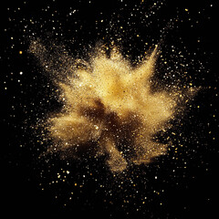 A golden explosion of glitter and dust particles on a black background creating a dynamic burst effect