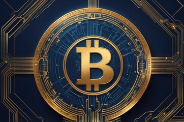 Fototapeta premium Futuristic golden bitcoin in high-tech digital circuit environment