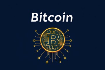 Naklejka premium Bitcoin digital network concept with golden cryptocurrency symbol and connected circuit lines on dark background