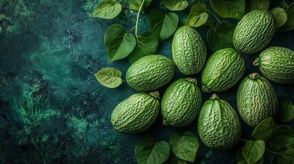 Fresh green melons arranged with leaves on an emerald textured background.