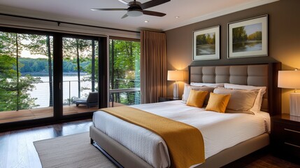 A serene bedroom with a large bed, natural light, and views of a lake, showcasing a blend of comfort and modern design.
