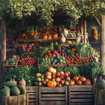 Vibrant farmers market stall showcasing fresh produce at midday in a quaint town square