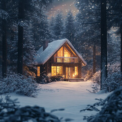 A cozy cabin glows warmly amidst a snowy forest during a winter snowfall at nighttime scene view