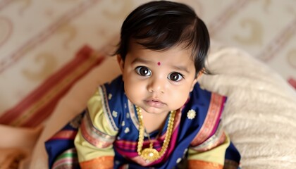 Adorable Indian Baby in Traditional Outfit Sitting on Cushion
