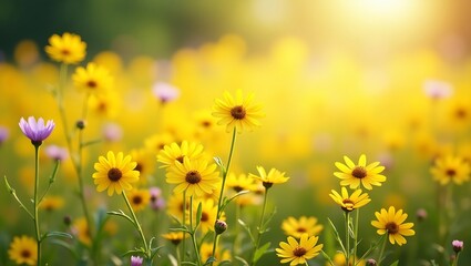 Fototapeta premium Golden blooms sunset field soft light