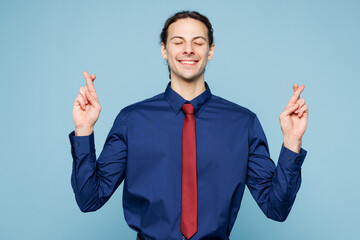 Young rich employee business man corporate lawyer wear classic formal shirt red tie work in office...