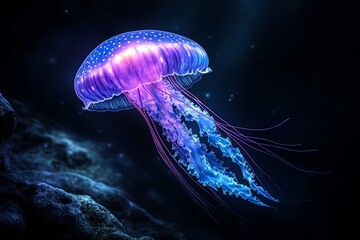 A vibrant Viva Magenta jellyfish glowing underwater in a deep-sea setting