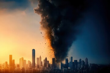 A cityscape in chaos due to a sudden storm, with dark clouds looming and torrential rain flooding the streets.